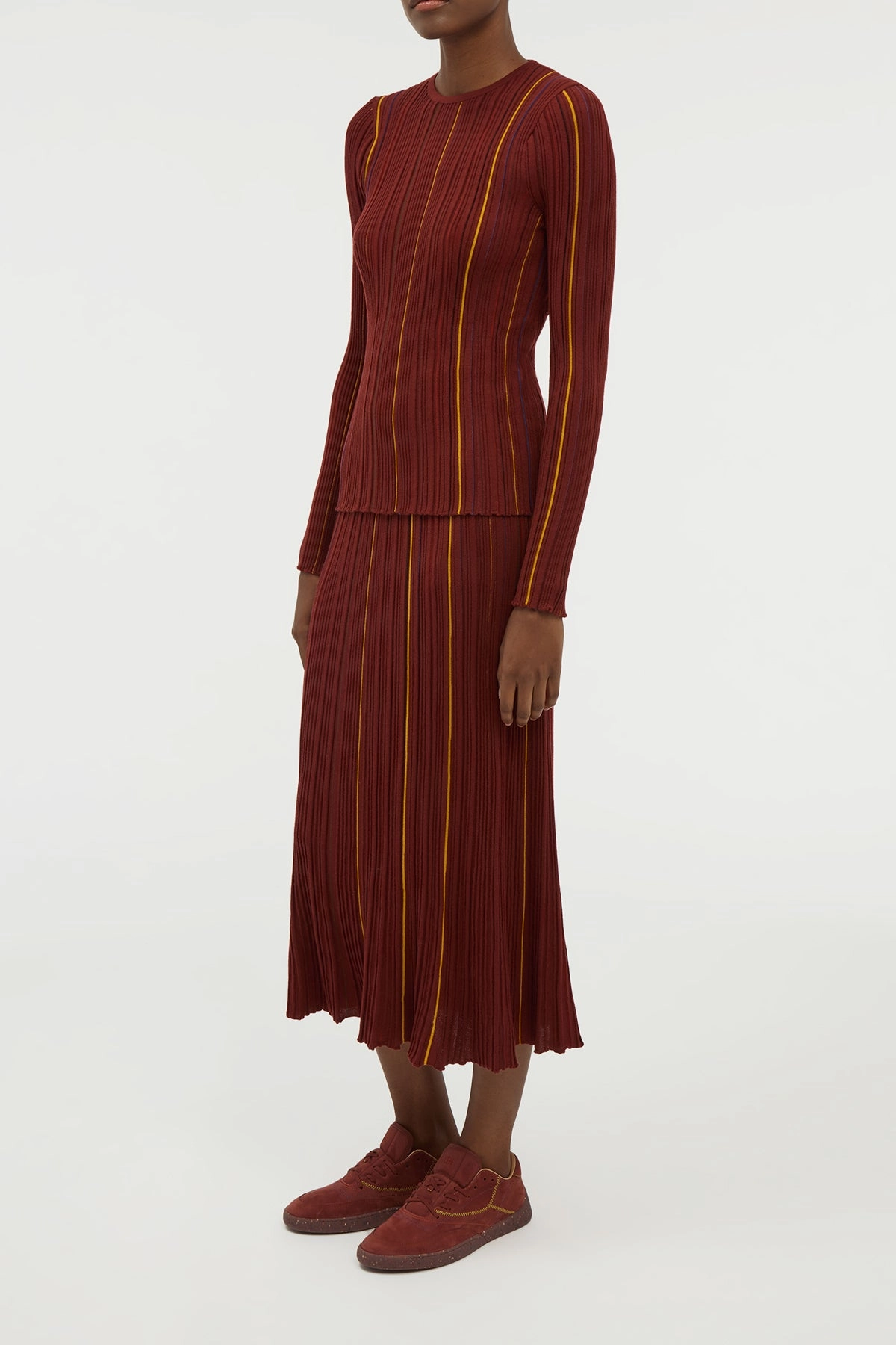 Elastic hemline MicrofiberBlend Texture Augie Pinstripe Knit Sweater in Burnt Sienna Merino Wool