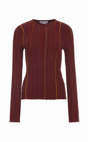 Augie Pinstripe Knit Sweater in Burnt Sienna Merino Wool Light Warmth Seamless Stitch Construction