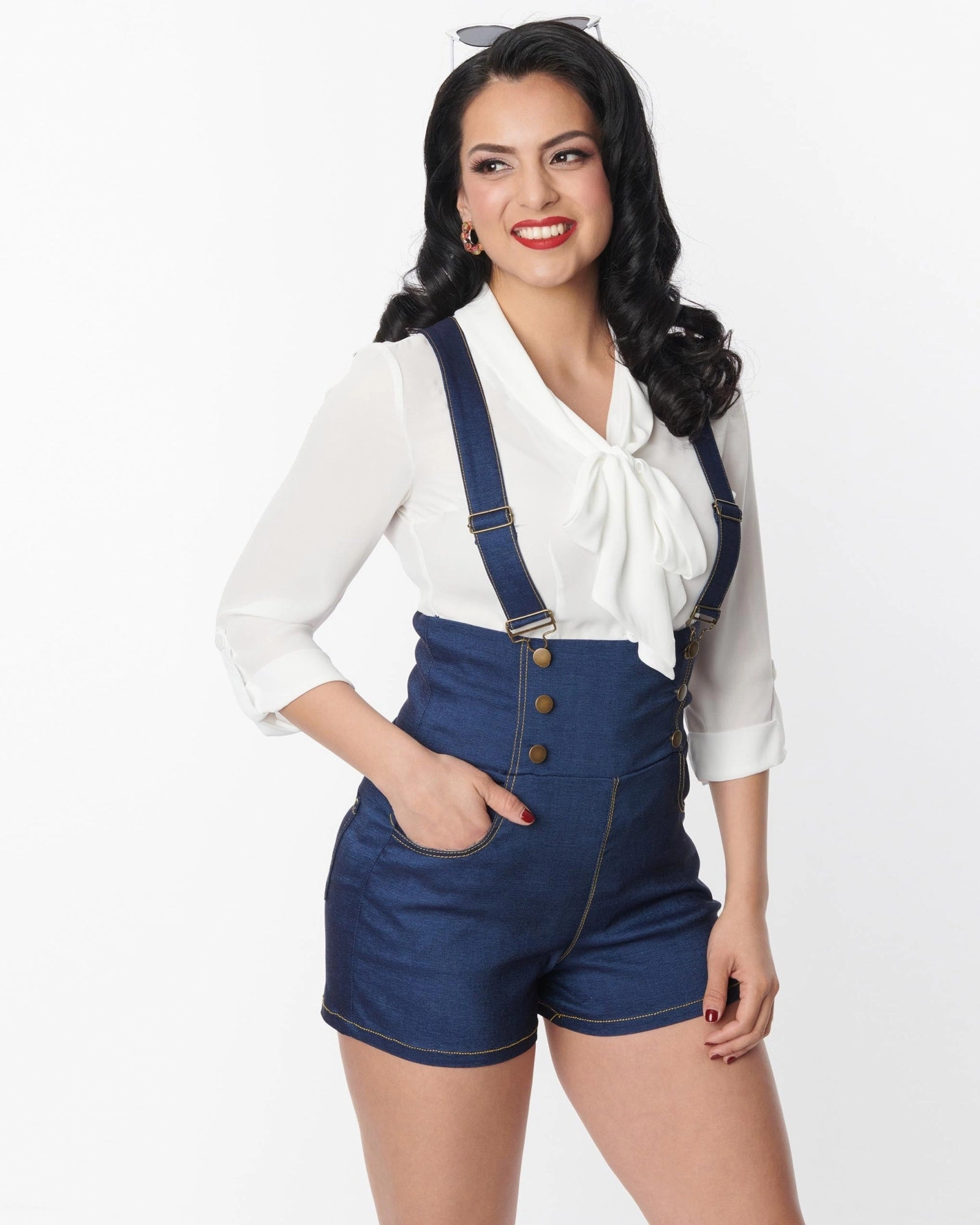 Soft Stretch Road Trip Bold Look Smart Casual Unique Vintage Blue Denim Pinafore Shorts | Blue