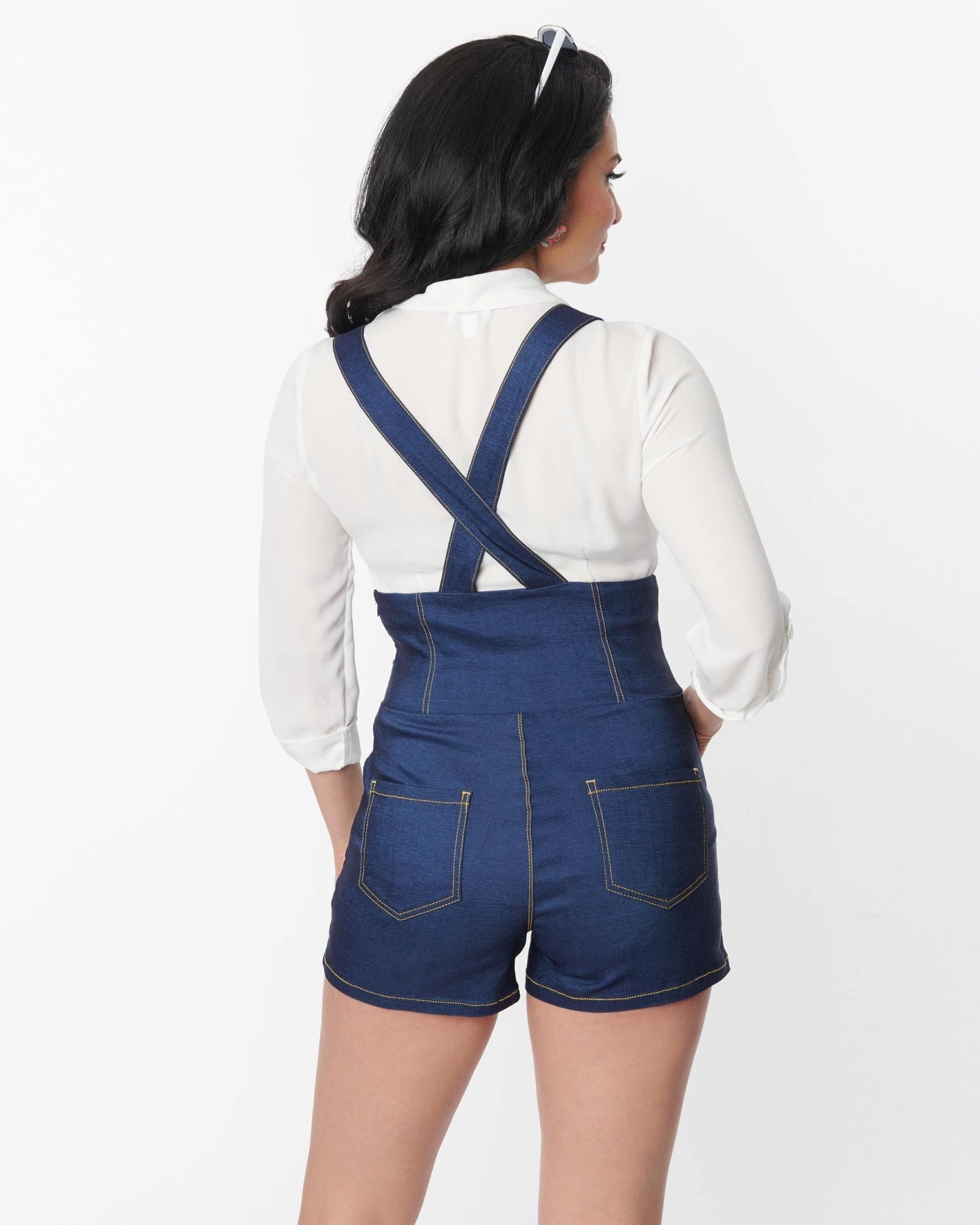 Flexible Style Unique Vintage Blue Denim Pinafore Shorts | Blue