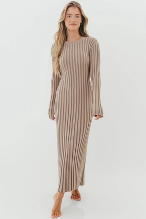 Lower Hem Lightweight warm-weather dress Colette Premium Long Sleeved Ribbed Knit Maxi Dress in Stone - Bump Friendly