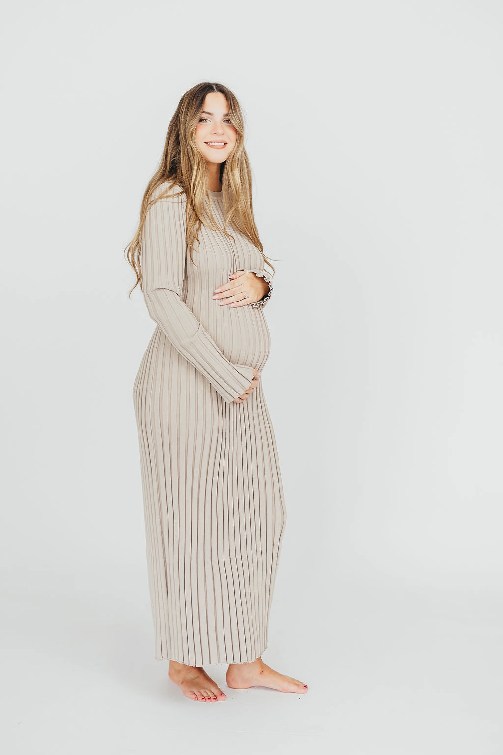 Sophisticated Layers Colette Premium Long Sleeved Ribbed Knit Maxi Dress in Stone - Bump Friendly