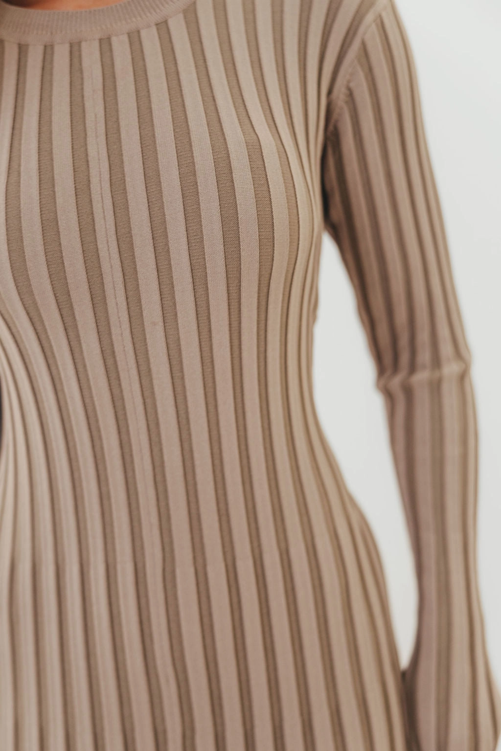 Colette Premium Long Sleeved Ribbed Knit Maxi Dress in Stone - Bump Friendly Chill Friendly Nordic Calm
