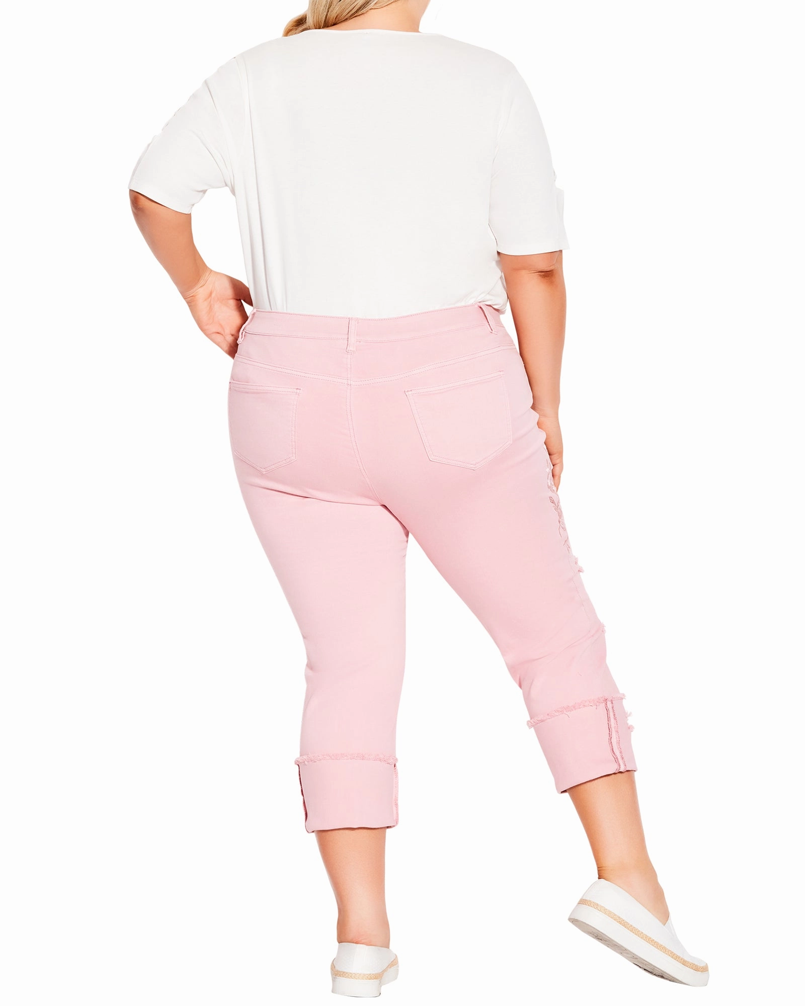 Office Casual Holiday Vibes Date Night Lightweight Eden Ripped Embroidered Capri | Pink