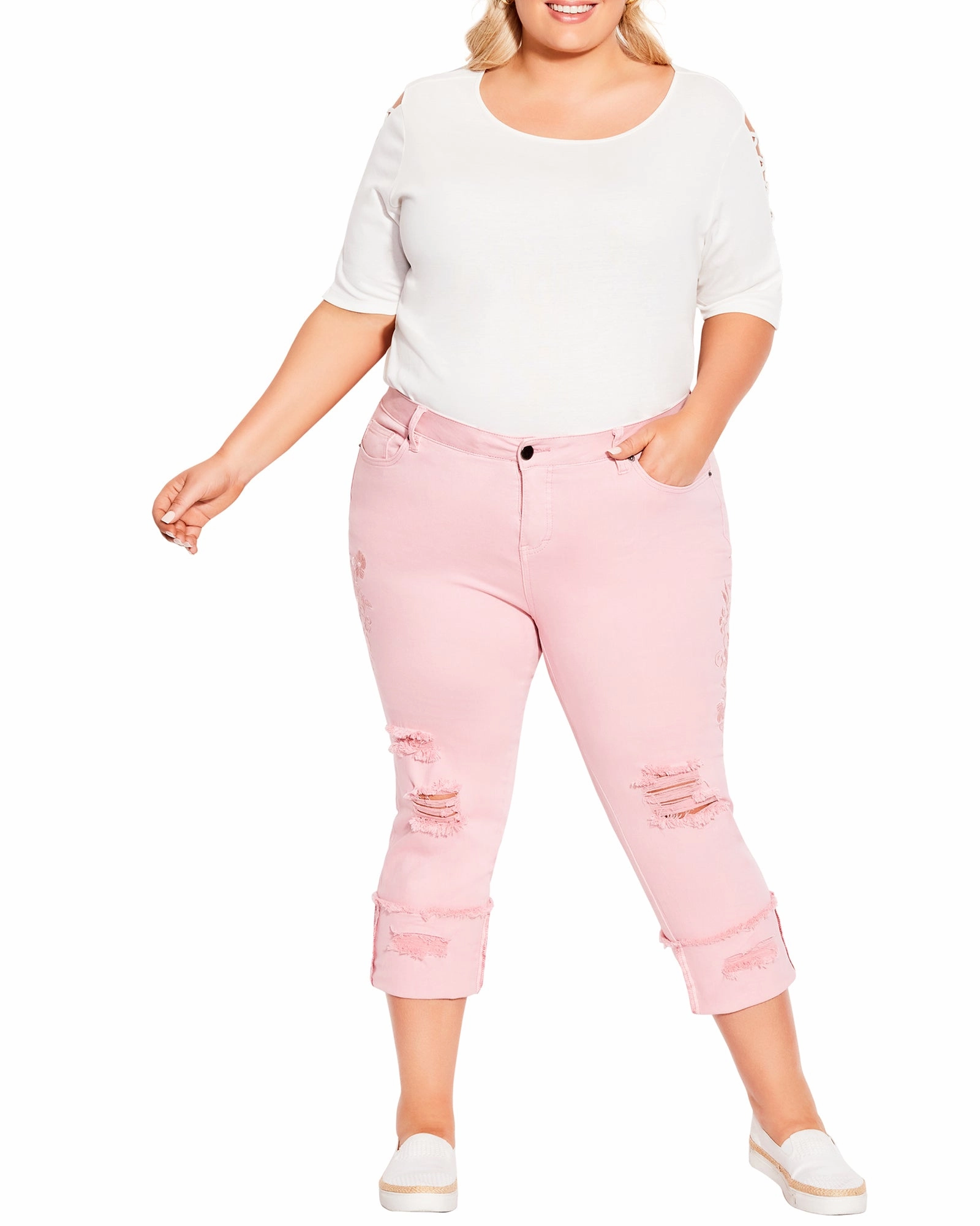 Eden Ripped Embroidered Capri | Pink Trendy Wear
