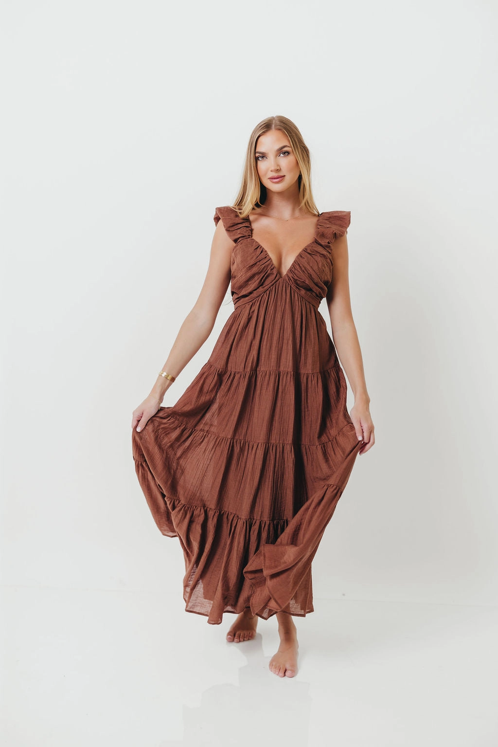 Katy Pleated Bodice Maxi Dress in Hazelnut - Bump Friendly Soft Flow Comfy Shape