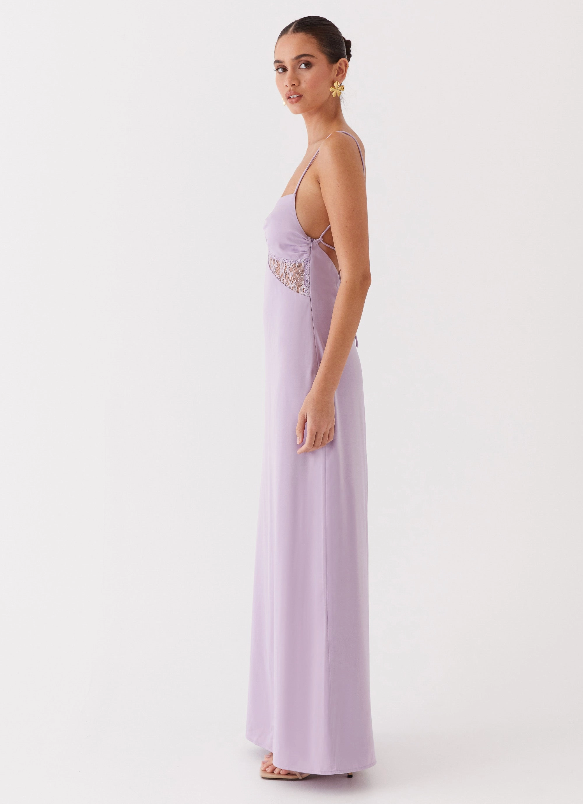 V Neckline Light Fabric Dream Sight Lace Satin Maxi Dress - Lilac