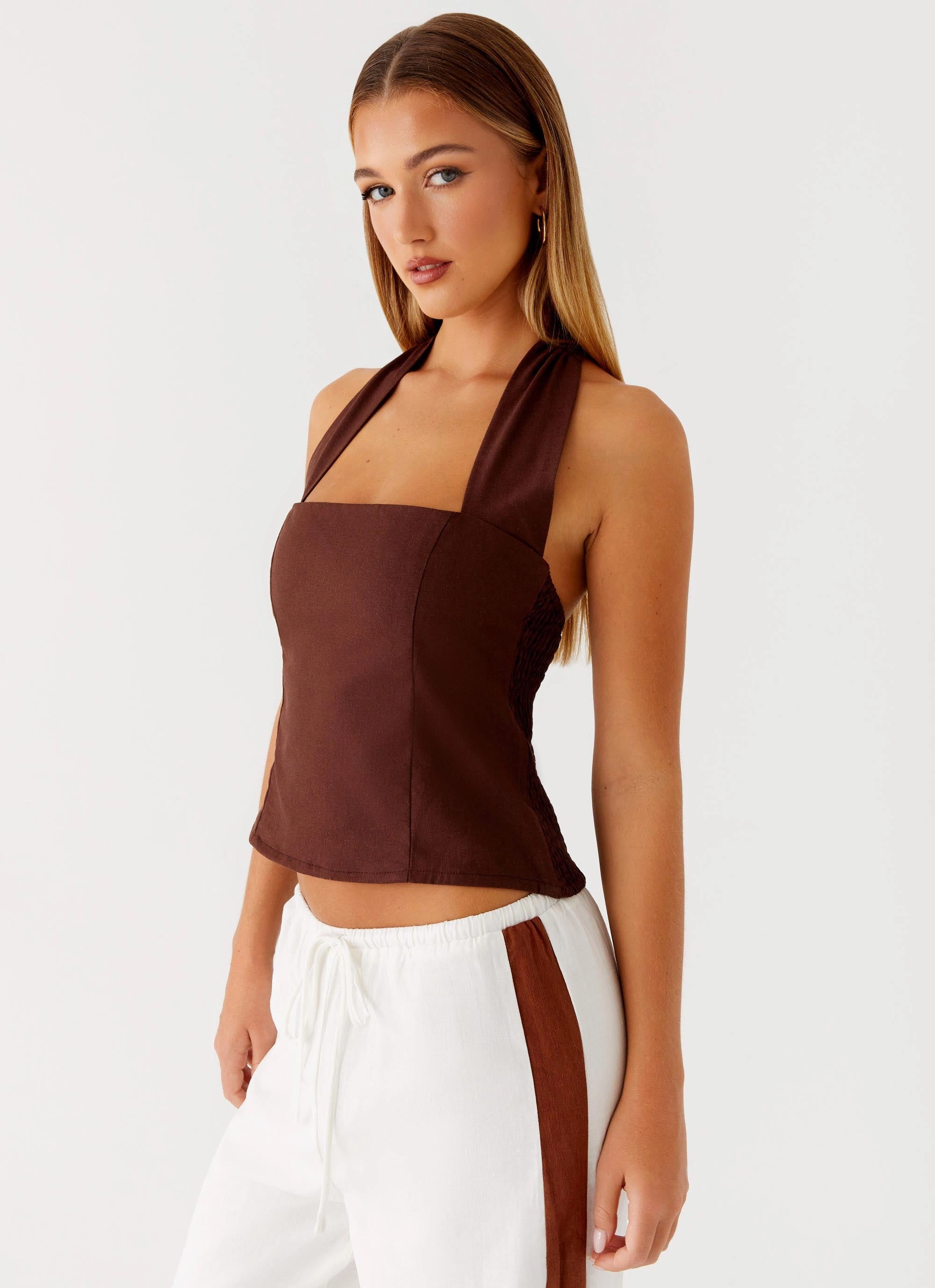 Easy Care Material Customized Sunflare Linen Halter Top - Chocolate
