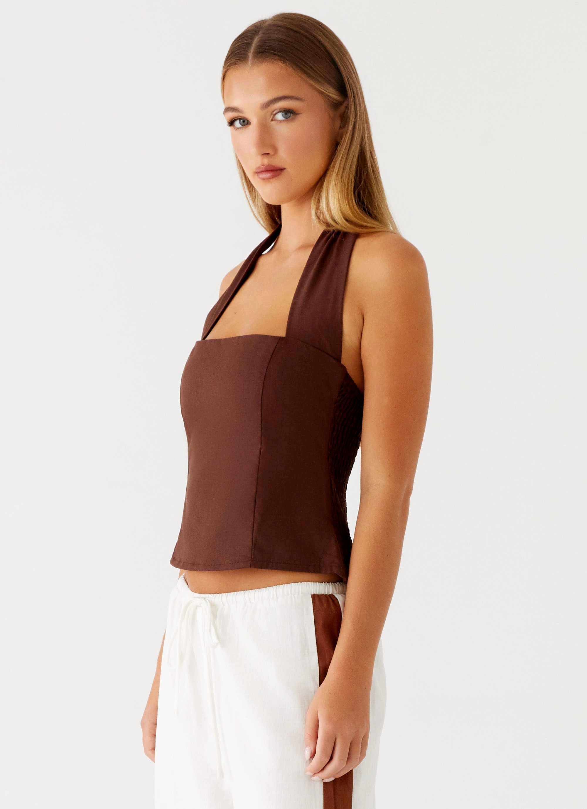 construction workers Sunflare Linen Halter Top - Chocolate