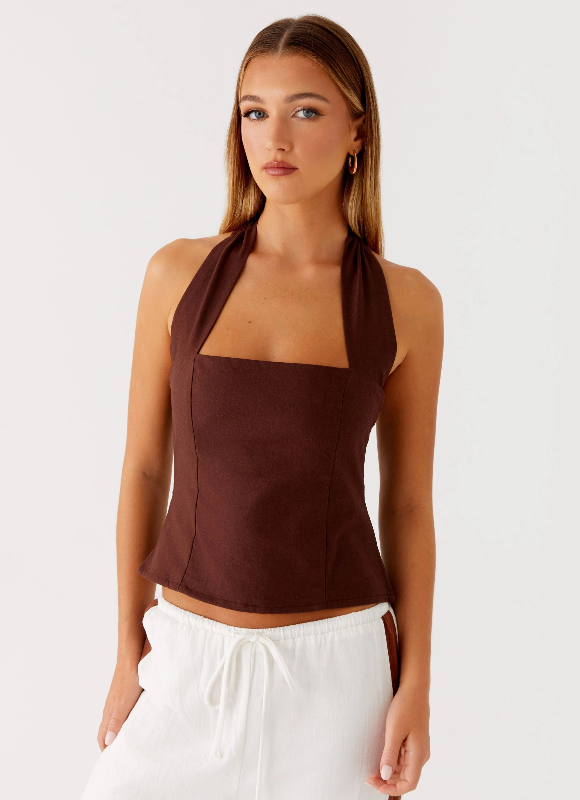 Sunflare Linen Halter Top - Chocolate Environment - friendly weapon upgrade