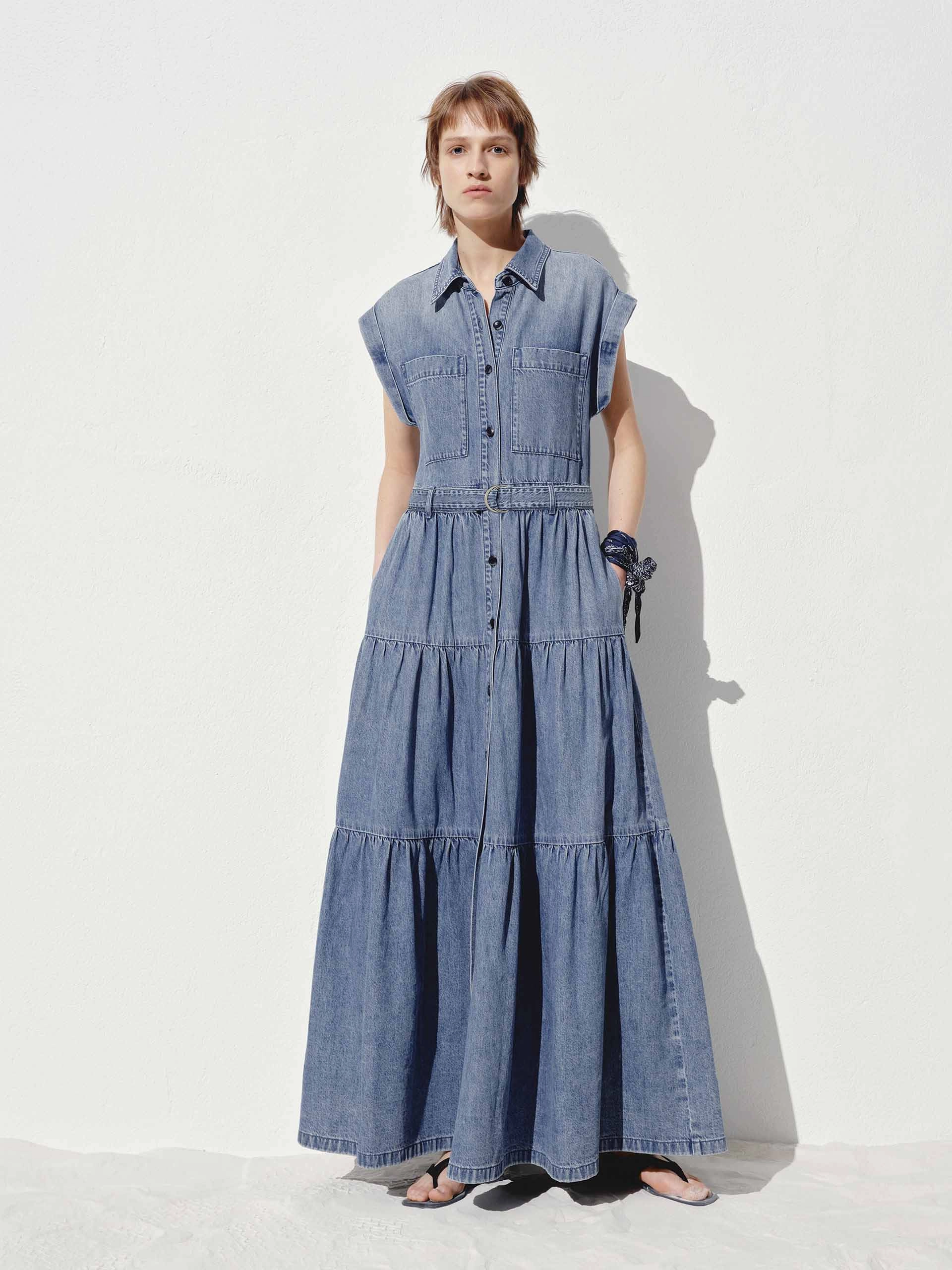 Modest Look Refined Line Include Belt Cotton Denim Dress