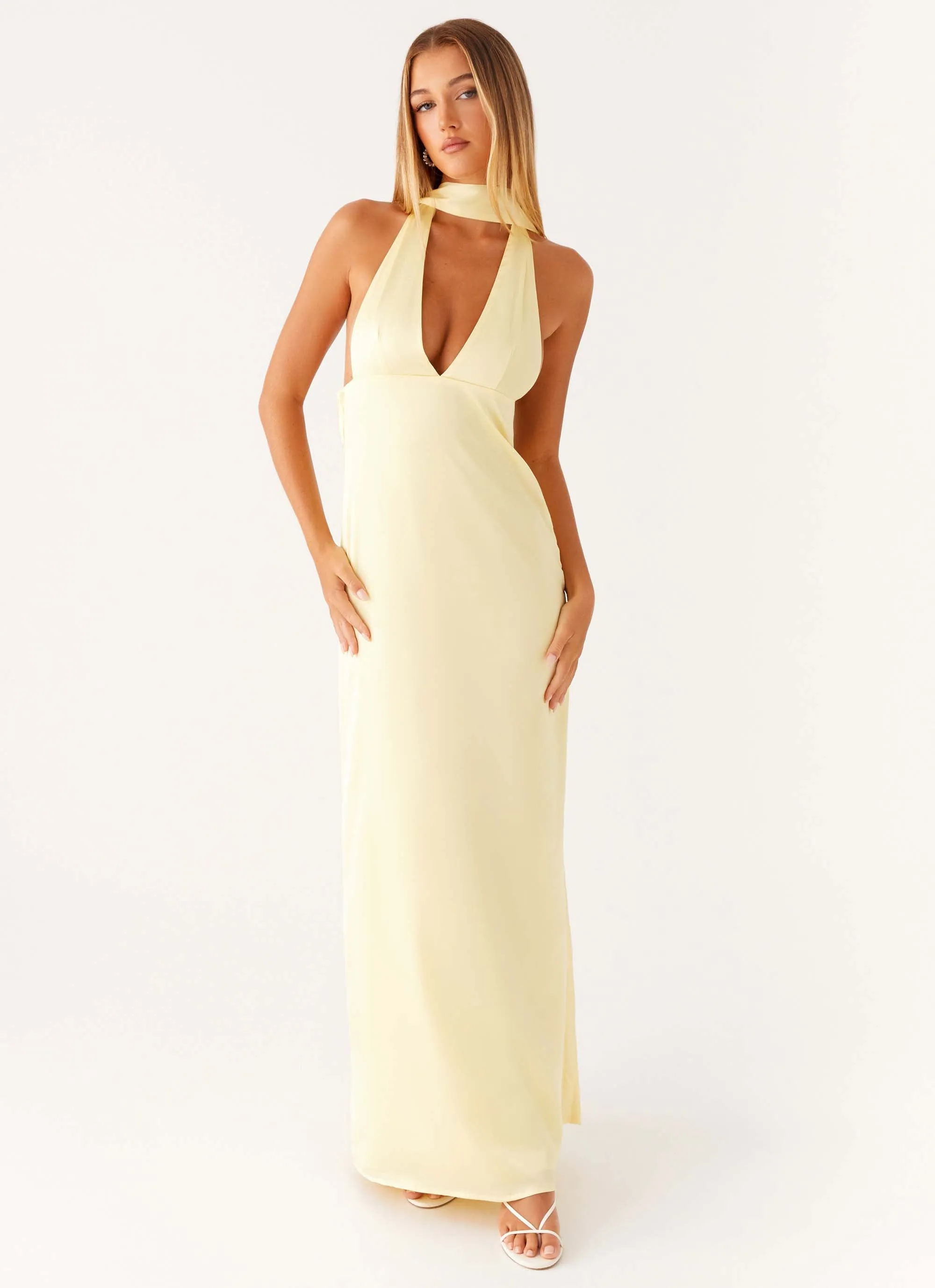 Alicia Satin Halter Maxi Dress - Yellow soft elegance Day Love