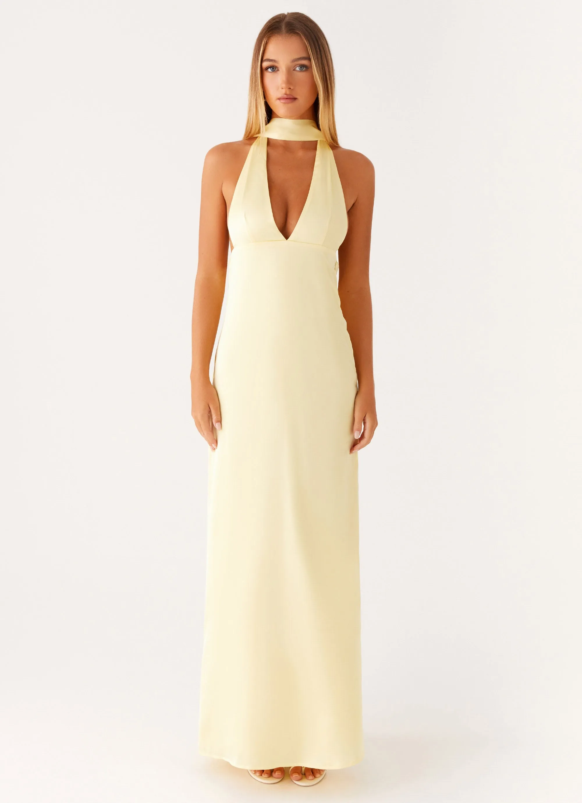 Daywear Fit Luxe style Alicia Satin Halter Maxi Dress - Yellow
