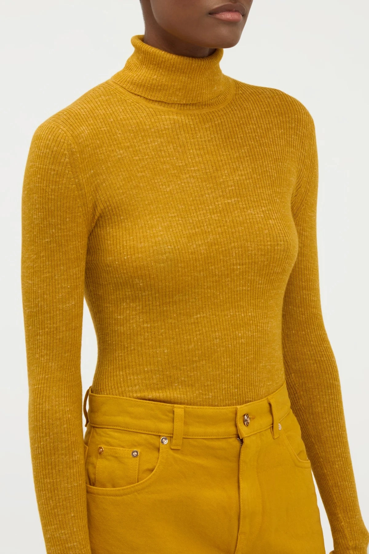Aldona Knit Turtleneck in Golden Birch Cashmere Silk with Hemp Breathable mesh