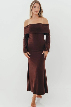 Monroe Maxi Dress with Long Sleeves in Chocolate Brown- Bump Friendly Natural Texture