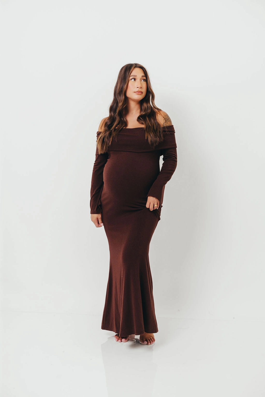 Monroe Maxi Dress with Long Sleeves in Chocolate Brown- Bump Friendly Gloss Finish