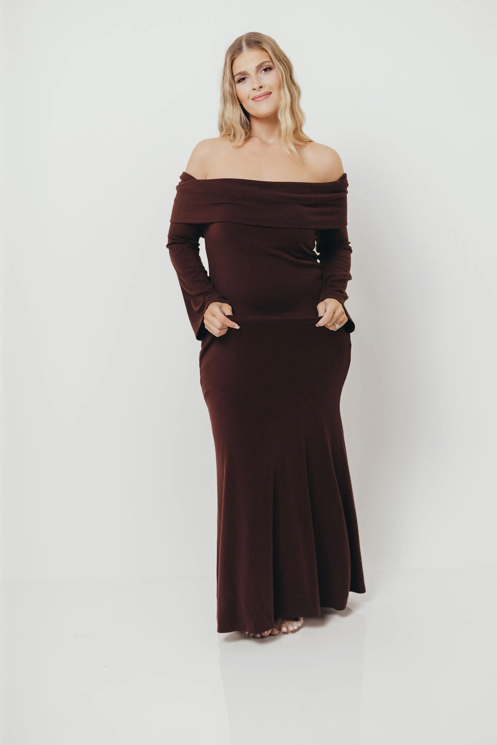 Flattering Fit Wear Monroe Maxi Dress with Long Sleeves in Chocolate Brown- Bump Friendly