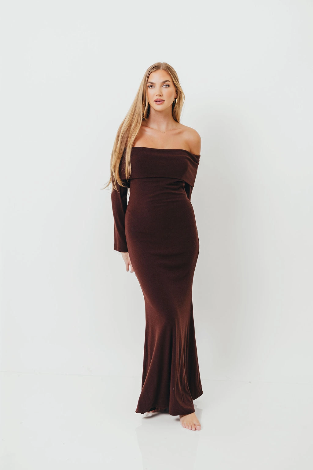 Euro Ease Monroe Maxi Dress with Long Sleeves in Chocolate Brown- Bump Friendly