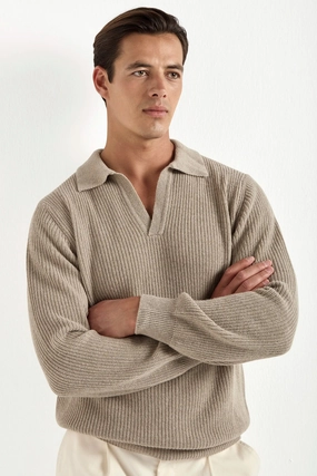 Taupe ribbed cashmere blend polo ?C Made in Italy Smart Look
