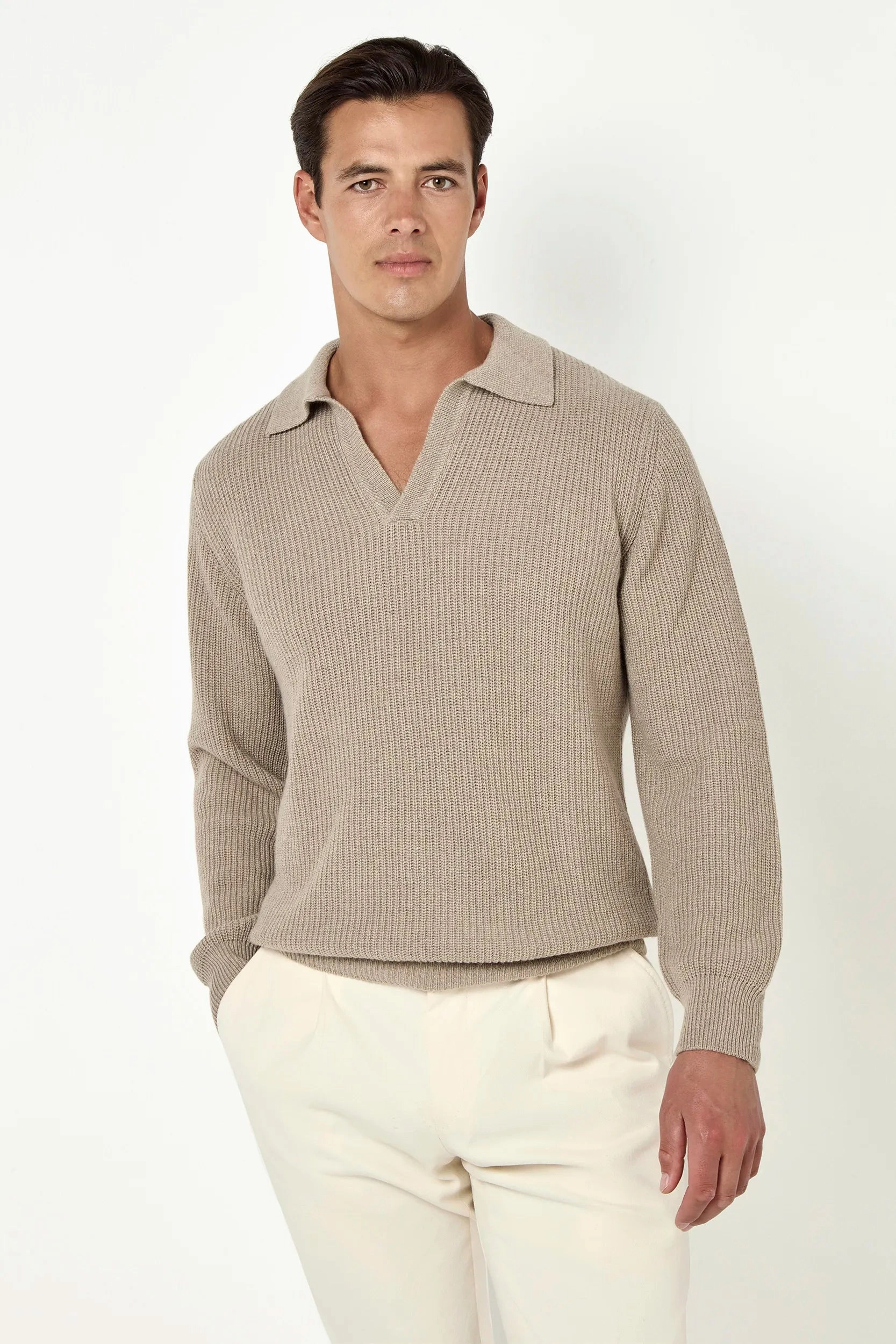 EcoFriendly Dye Taupe ribbed cashmere blend polo ?C Made in Italy