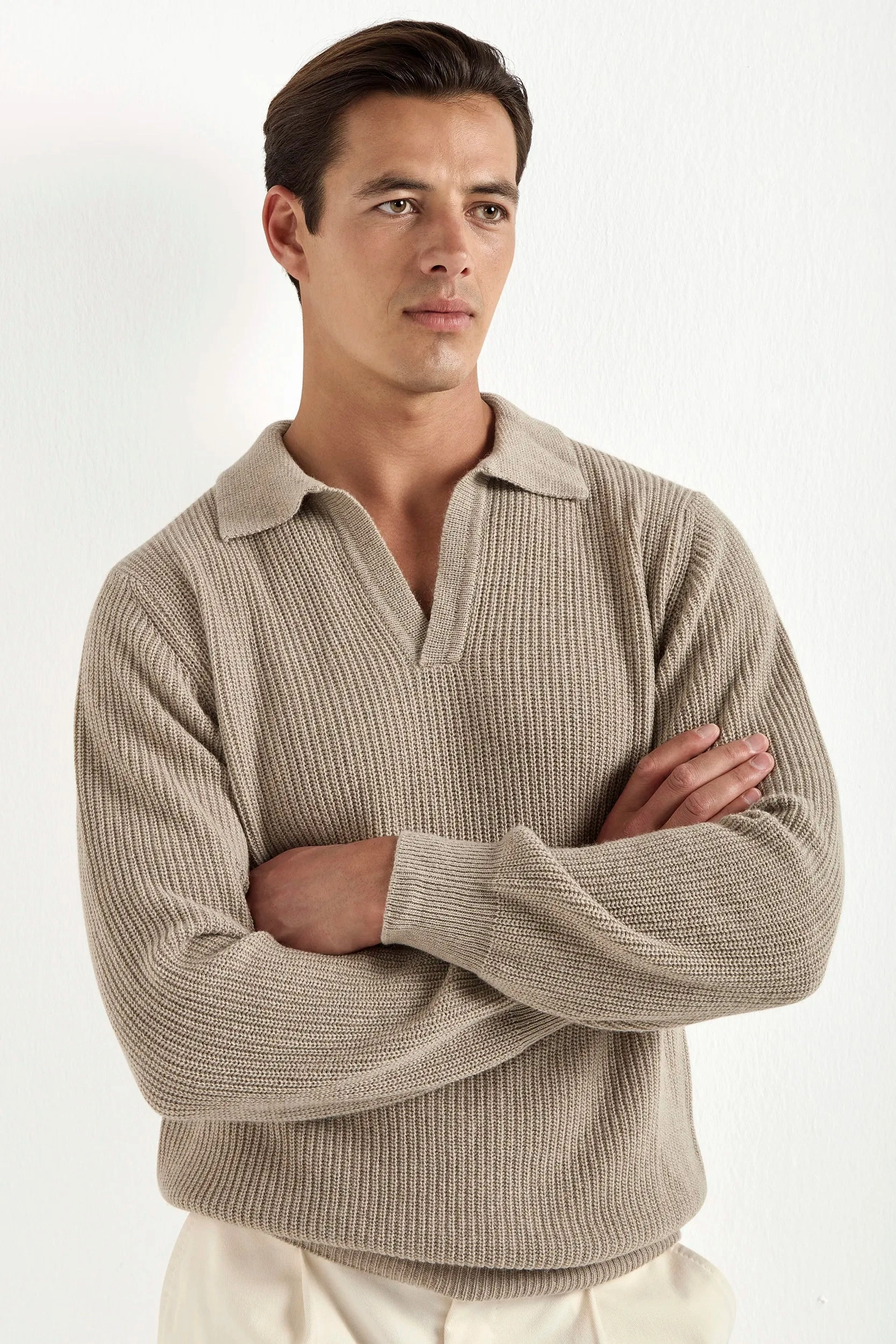 Taupe ribbed cashmere blend polo ?C Made in Italy Smart Look