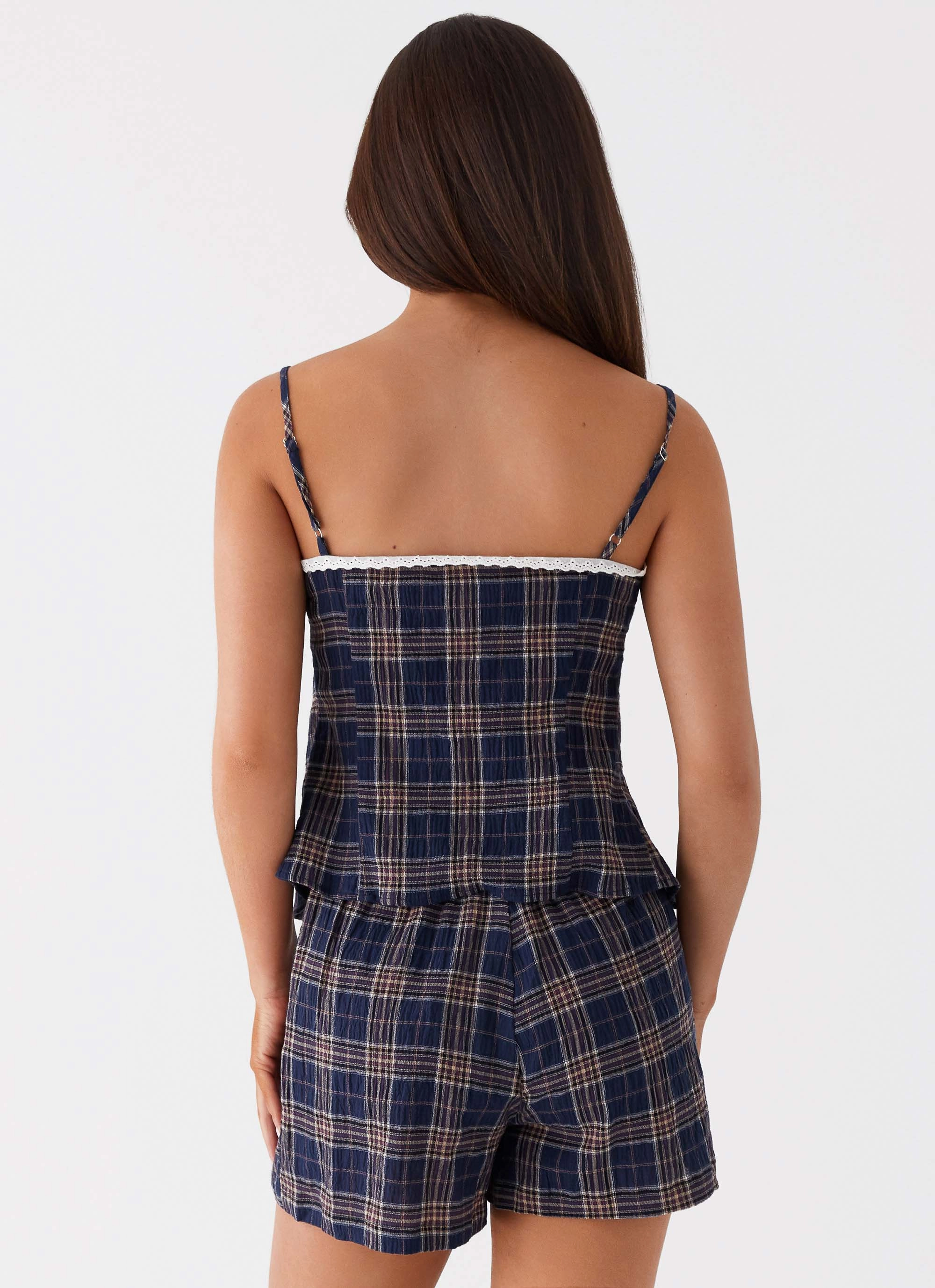 Tamaira Tie Top - Navy Check Fitness Apparel