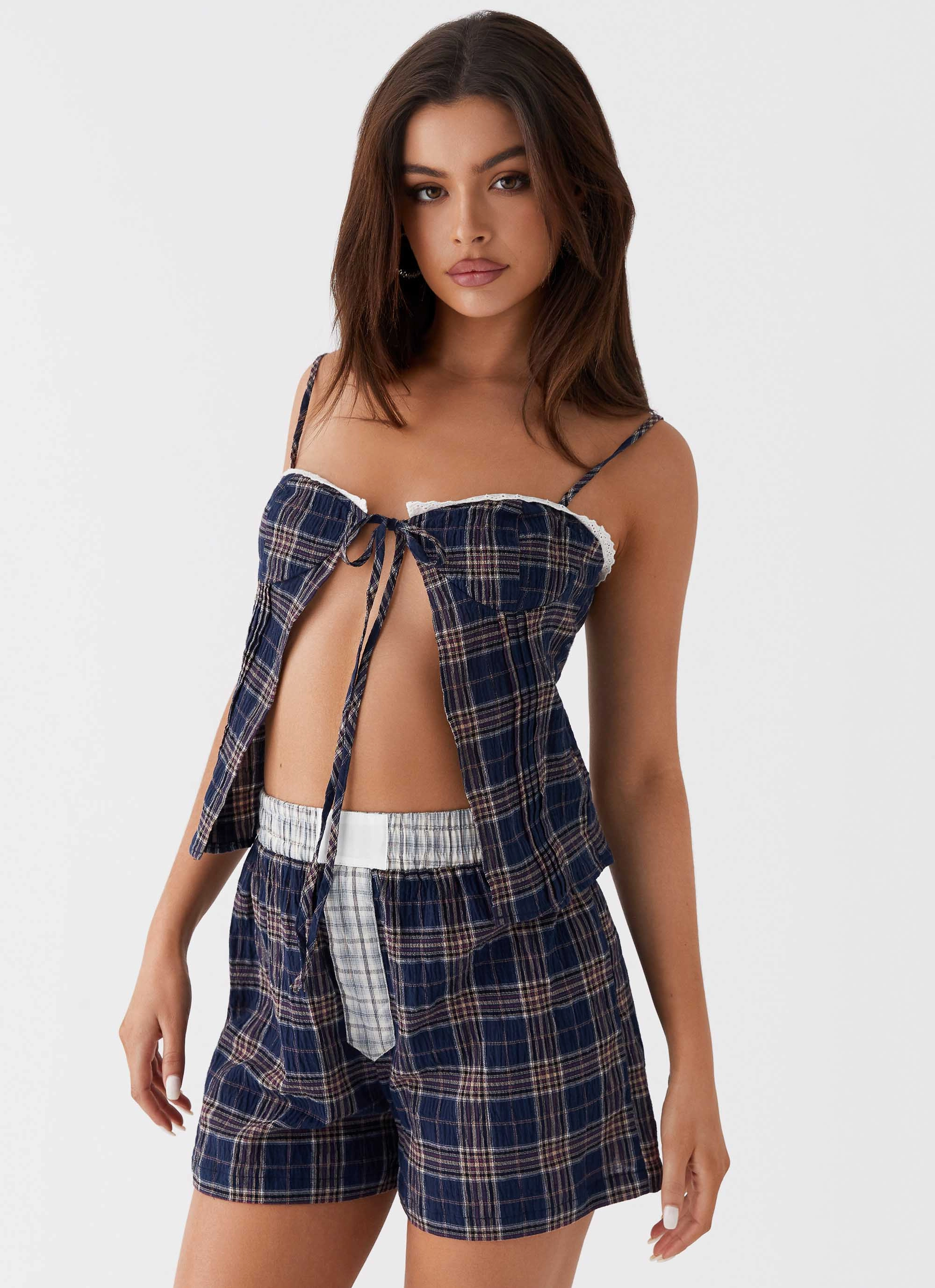 Tamaira Tie Top - Navy Check Lightweight