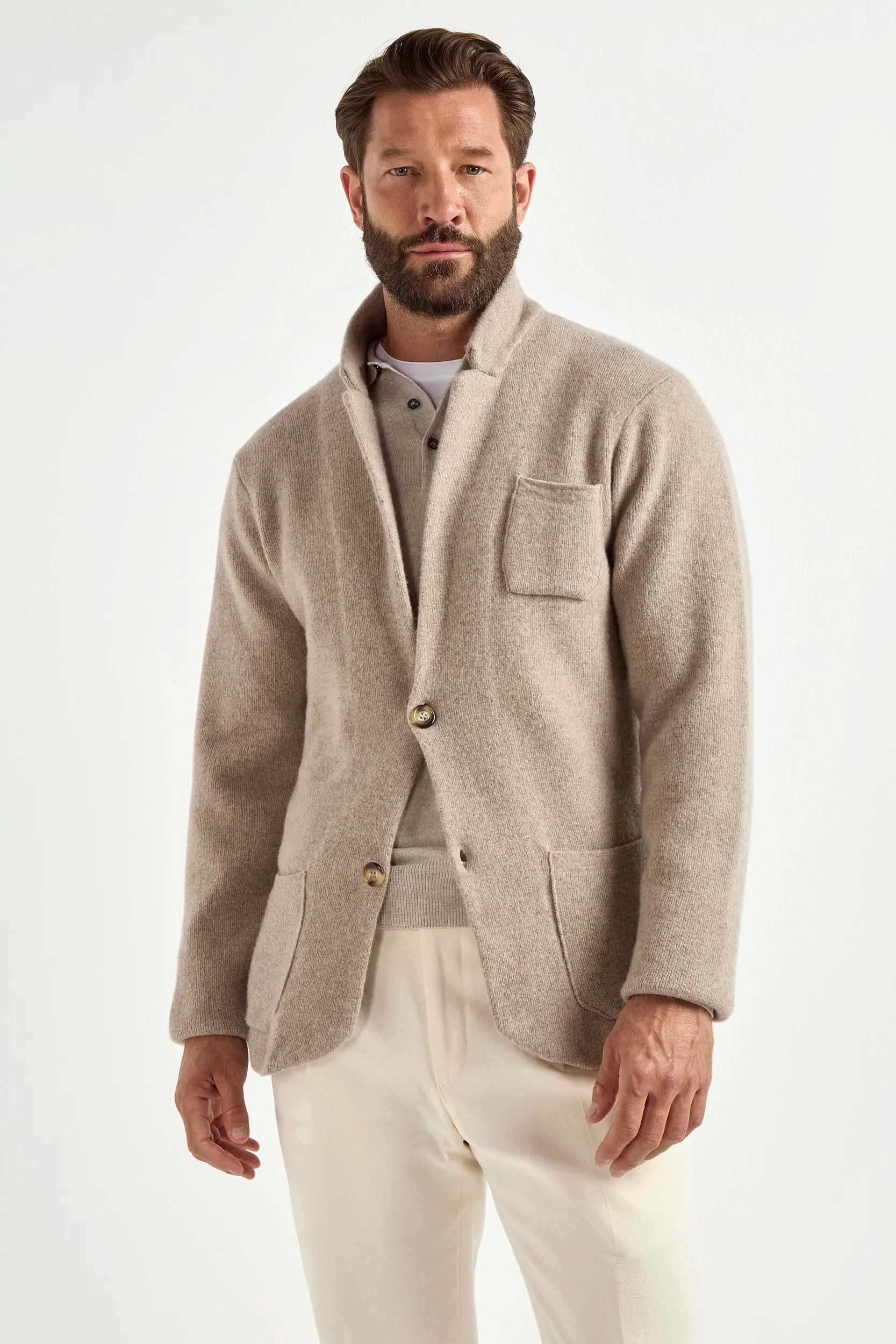 Tonal Stitching Detail Home Casual Outfit Taupe knitted jacket - wool and cashmere - Made in Italy
