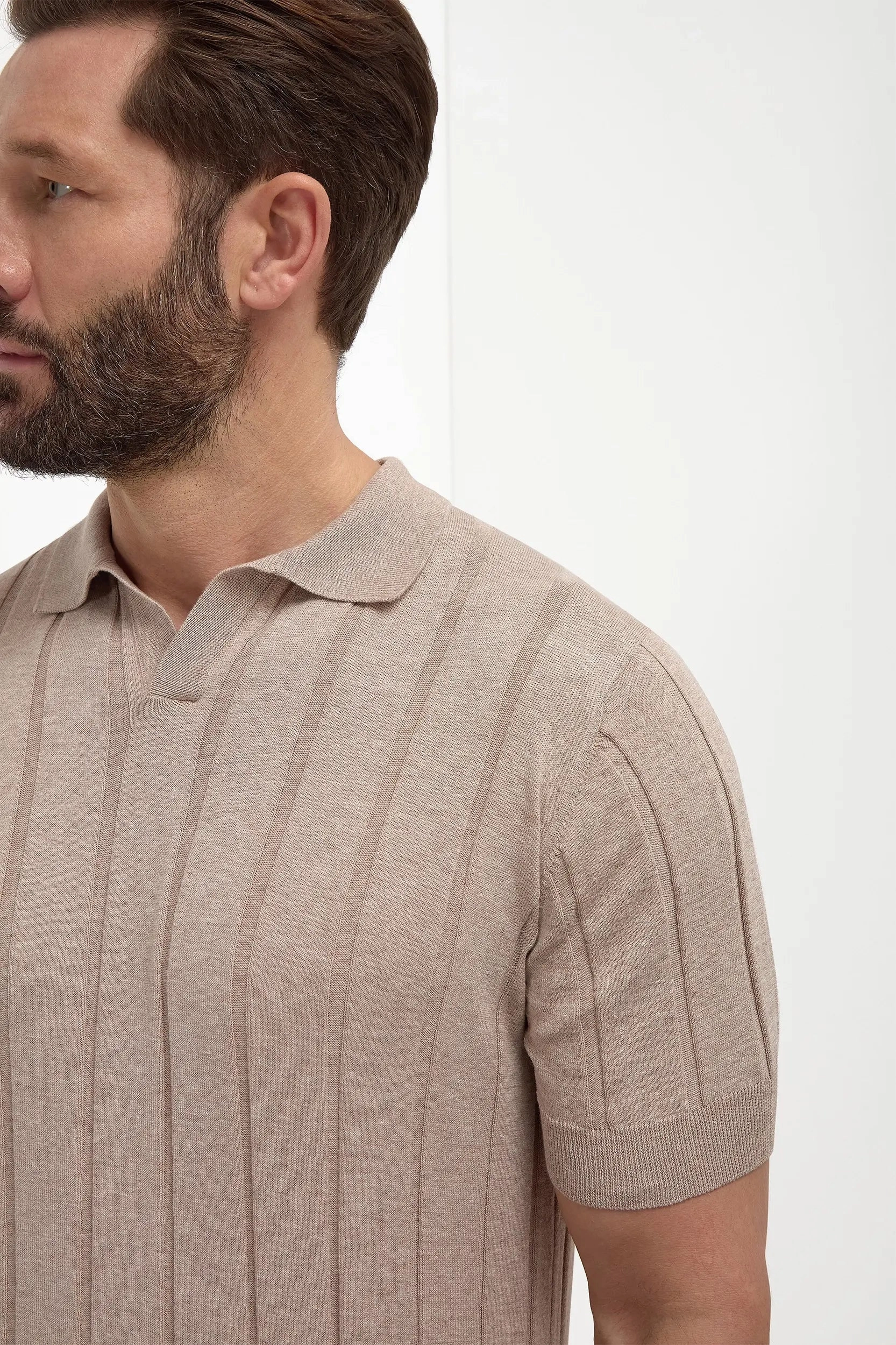 Taupe ribbed polo - Made in Italy Layered Knit Design