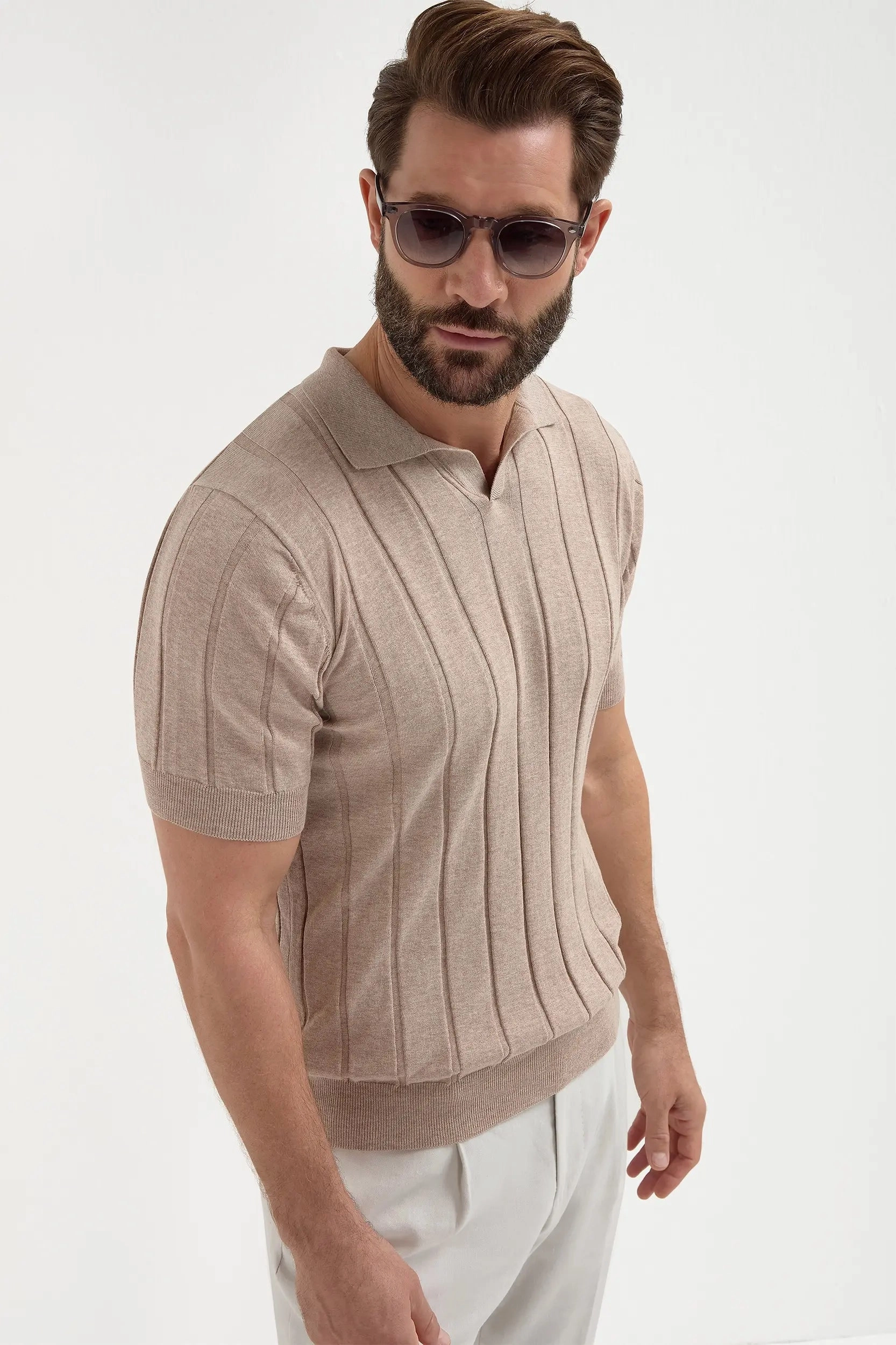 Taupe ribbed polo - Made in Italy Neutral Tone Colorfast Guide Soft Material