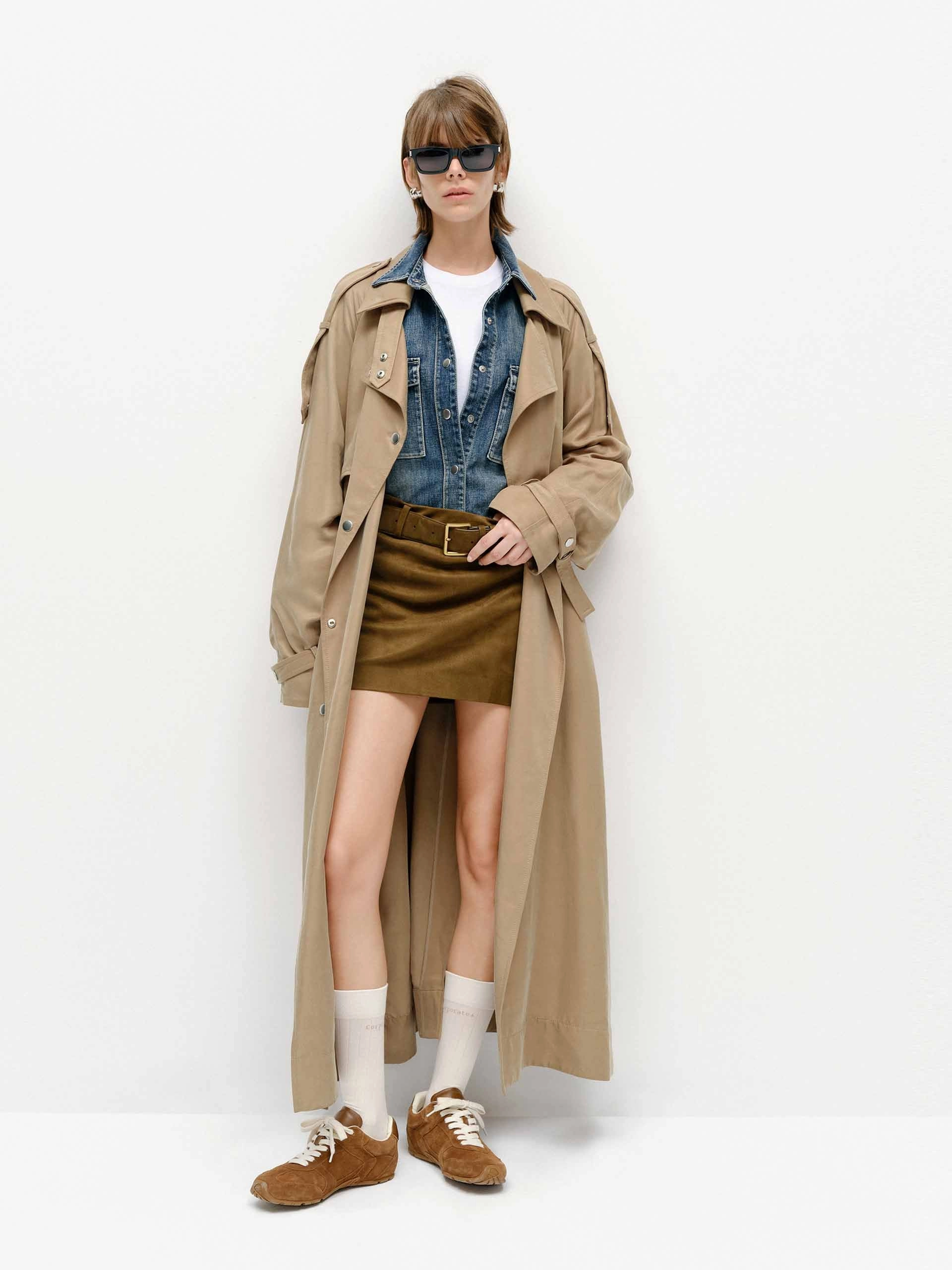 Multi Pocket Layout Weather Friendly Belted Longline Trench Coat