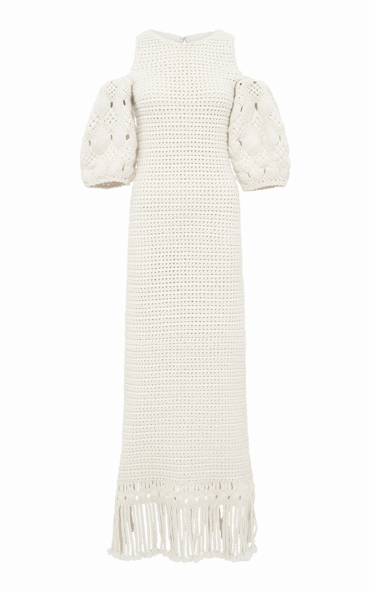 Levana Fringe Crochet Maxi Dress in Ivory Cashmere Understated Charm UV Protection Finish