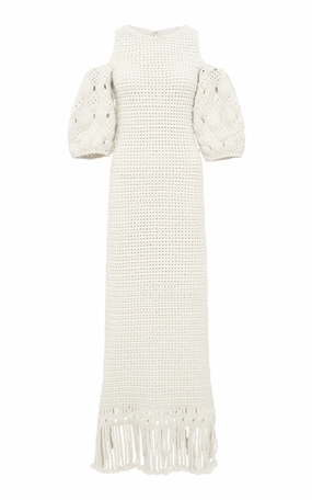 Levana Fringe Crochet Maxi Dress in Ivory Cashmere Understated Charm UV Protection Finish