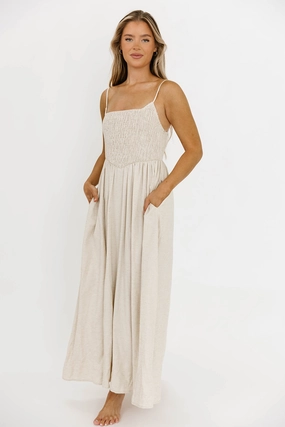Pastel Sky Formal Wear Josefina Smocked Maxi Dress in Natural - Bump Friendly