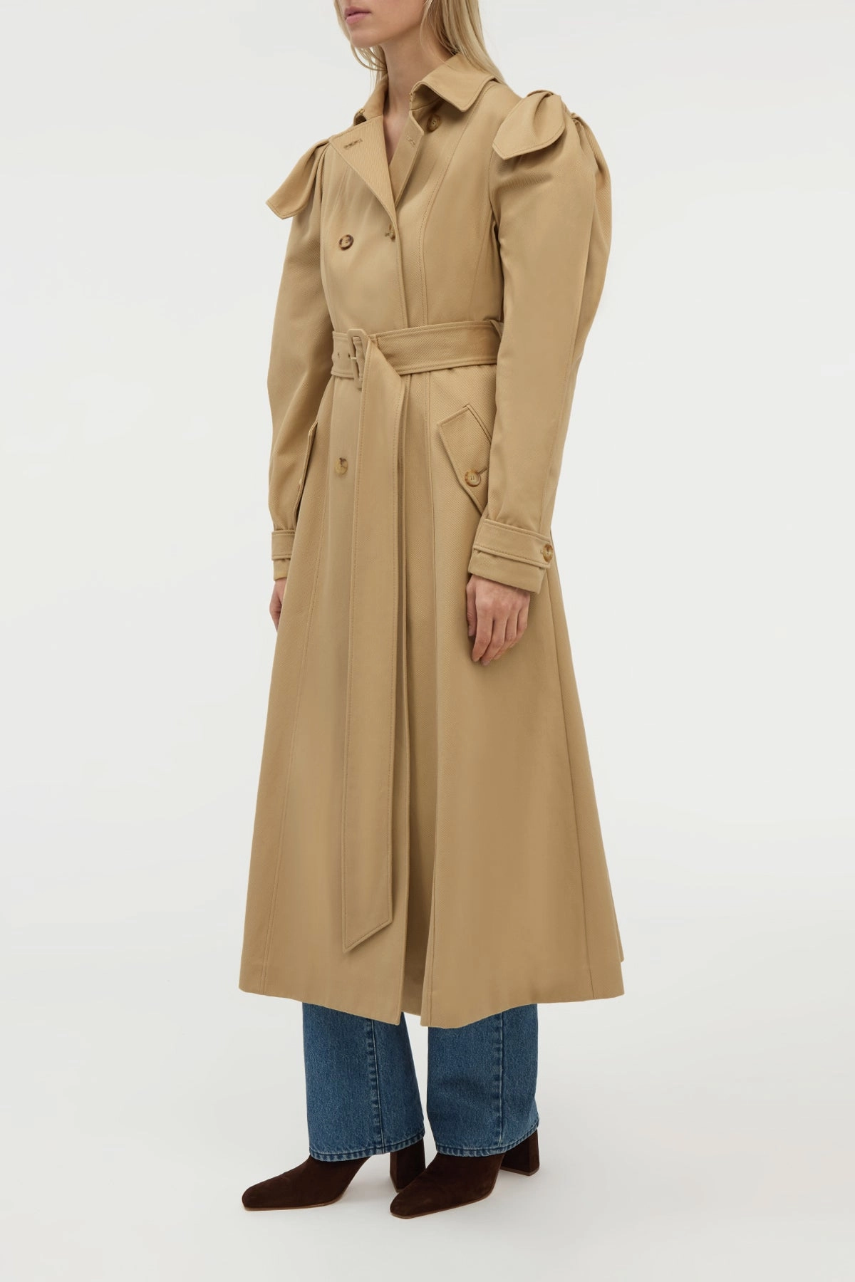 Benedict Trench Coat in Camel Sea Island Cotton Twill Fade Resistant Dye Method