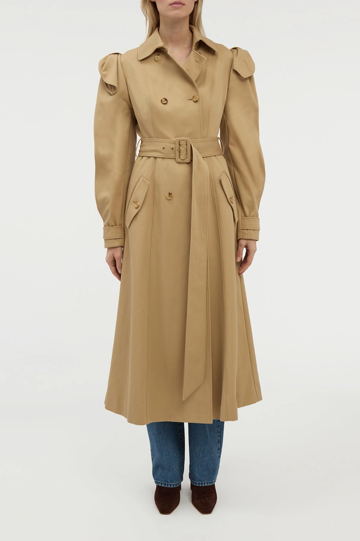 Hooded Attachment Sleek Utility Benedict Trench Coat in Camel Sea Island Cotton Twill