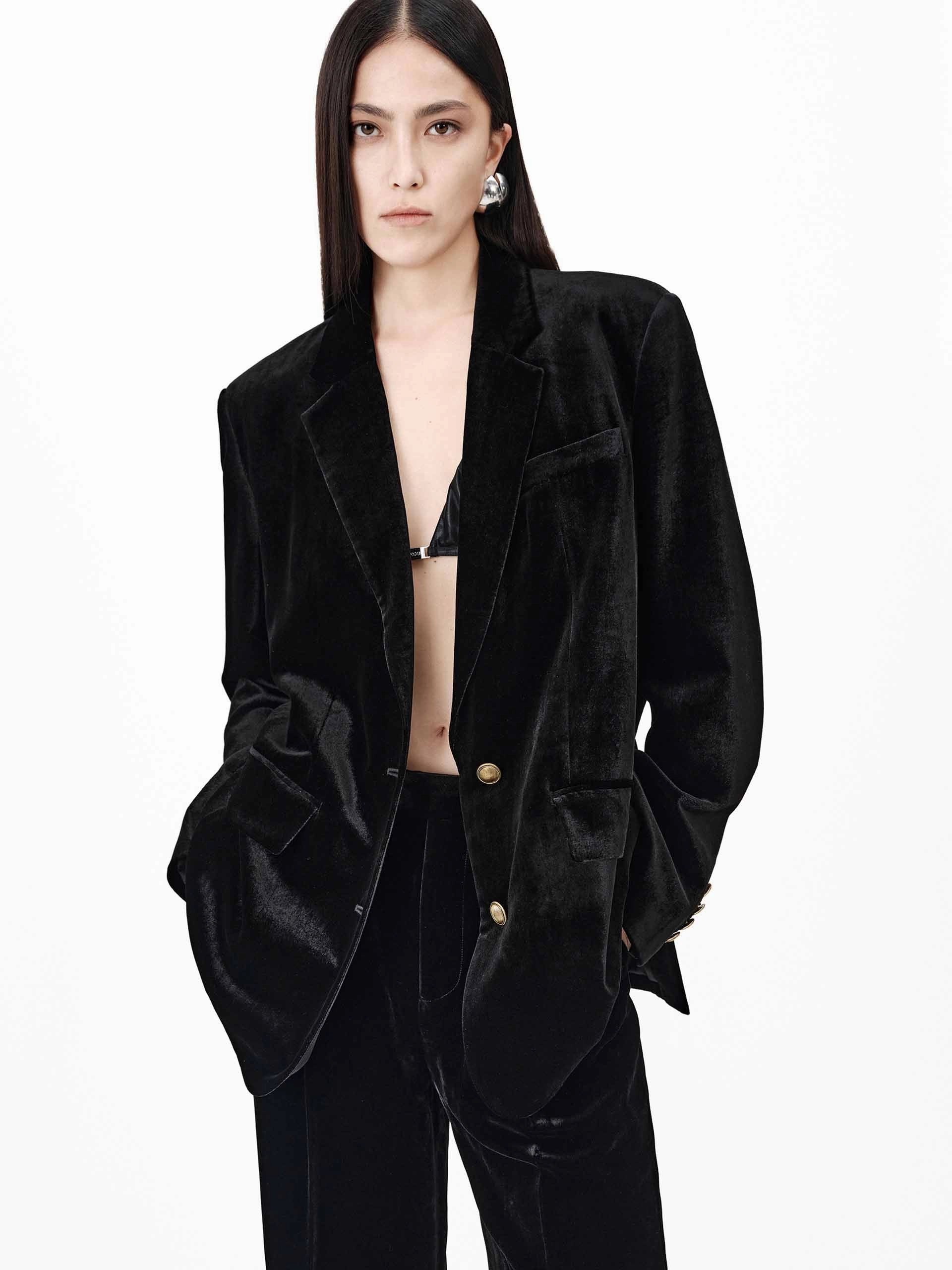 Quick Access Closures Metallic Button Velvet Blazer