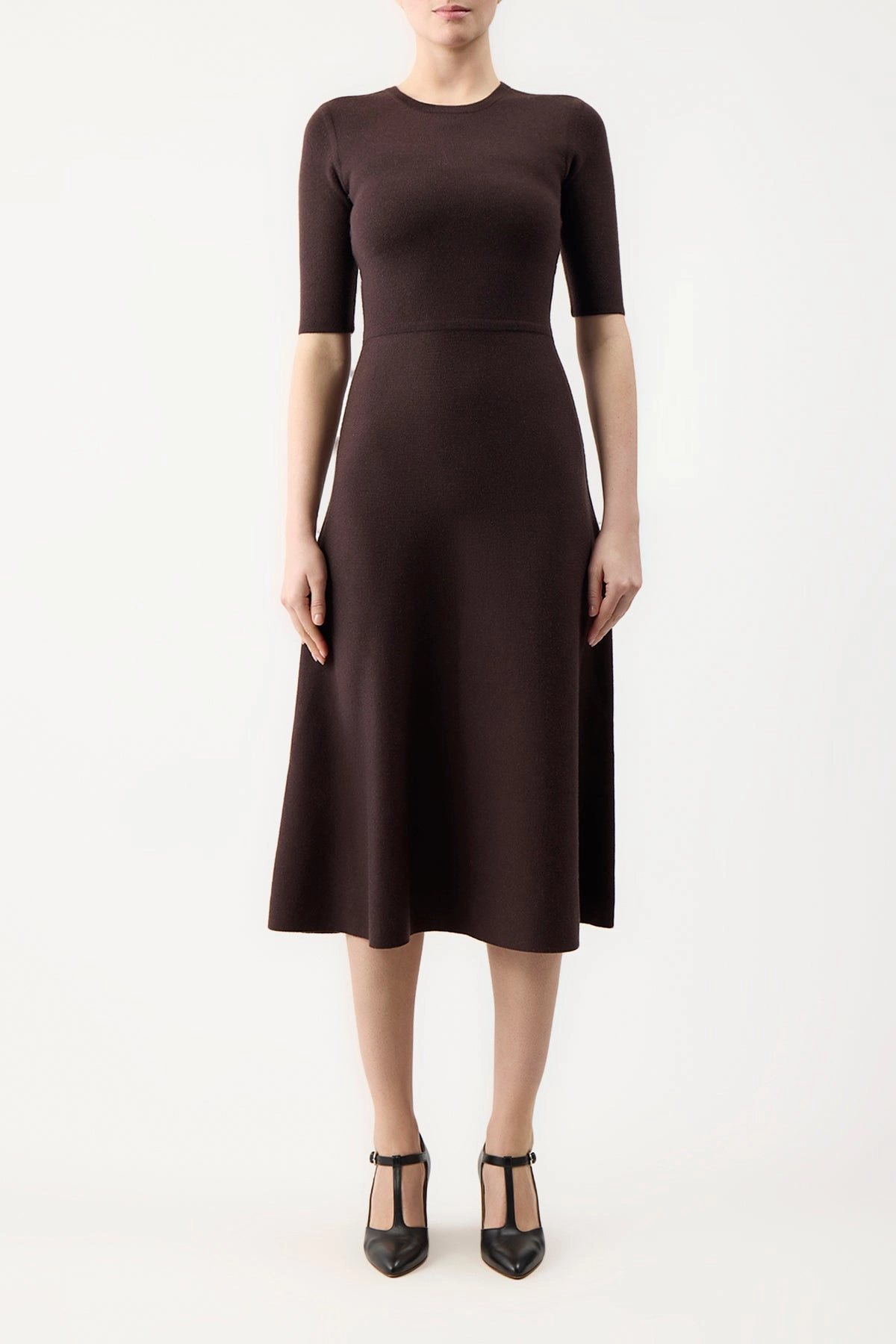 Weekend Comfort Four Way Stretch Design Seymore Knit Midi Dress in Chocolate Merino Wool Cashmere