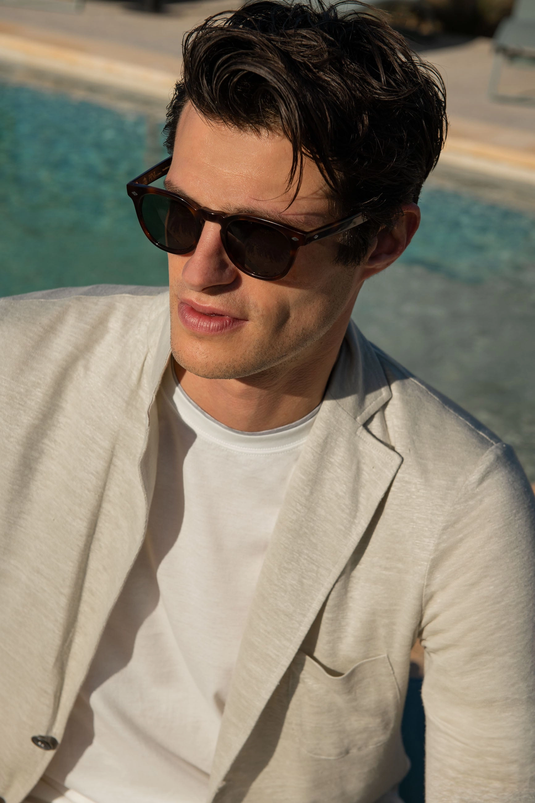 Stone linen knitted jacket - Made in Italy Jacquard Weave Polo Neckline