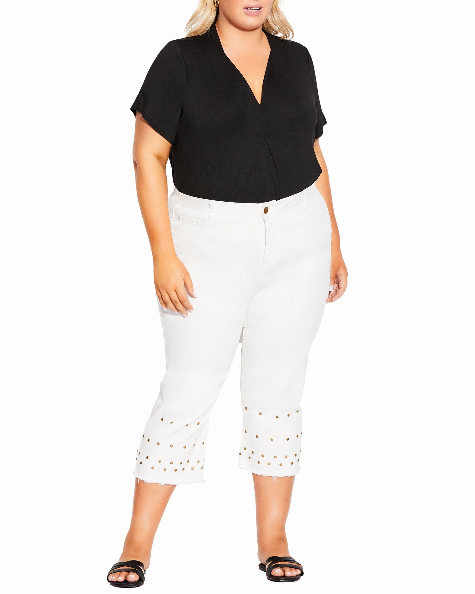 Mid Rise Easy Pairing Terri Sequin Cuff Capri | White / Gold