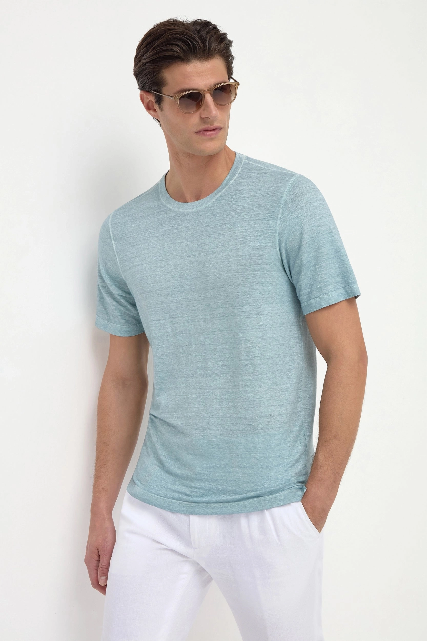 NonRestrictive Fit ribbed texture Light blue linen t-shirt - Made in Italy