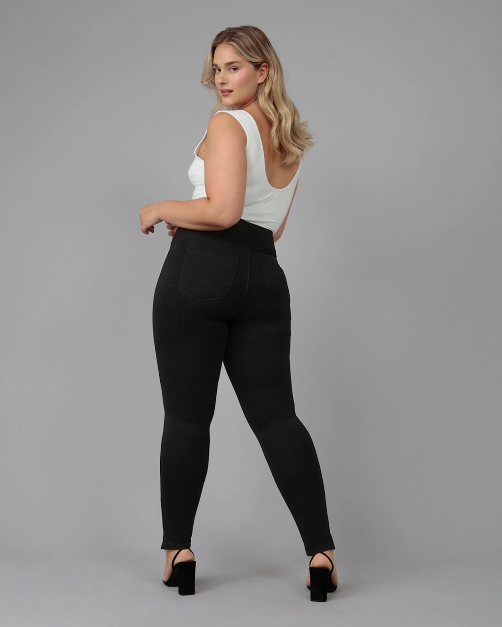 Women's ANNA-JBLK High Rise Pull-On Skinny Pull-On Jeans | Jersey Black Urban Explorer Picnic Style Relaxed Comfort