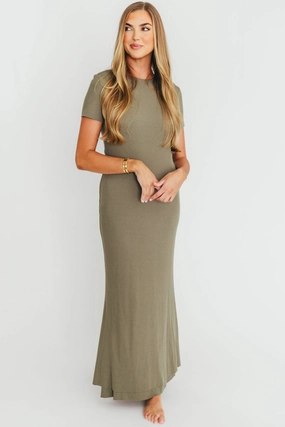 The Charlie Ribbed Maxi Dress in Dusty Olive Green - Bump Friendly Everyday Use