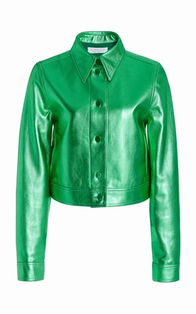Thereza Jacket in Variseite Green Metallic Nappa Leather Fur Trim Hard Cover
