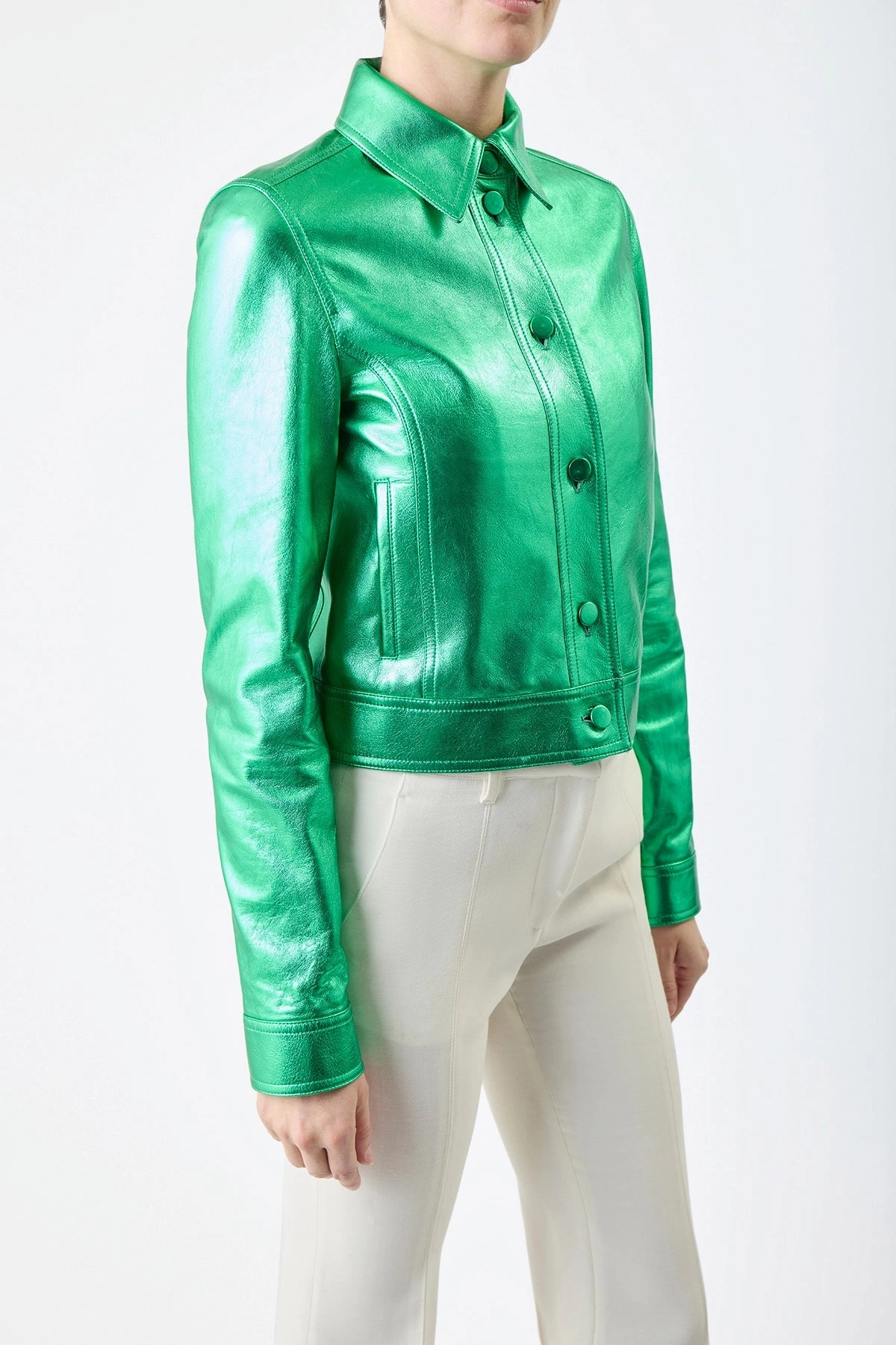 Thereza Jacket in Variseite Green Metallic Nappa Leather WaterRepellentFabric