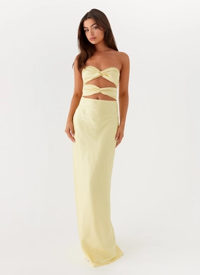 Shiny Zip Dainty Finish Tianna Strapless Maxi Dress - Yellow