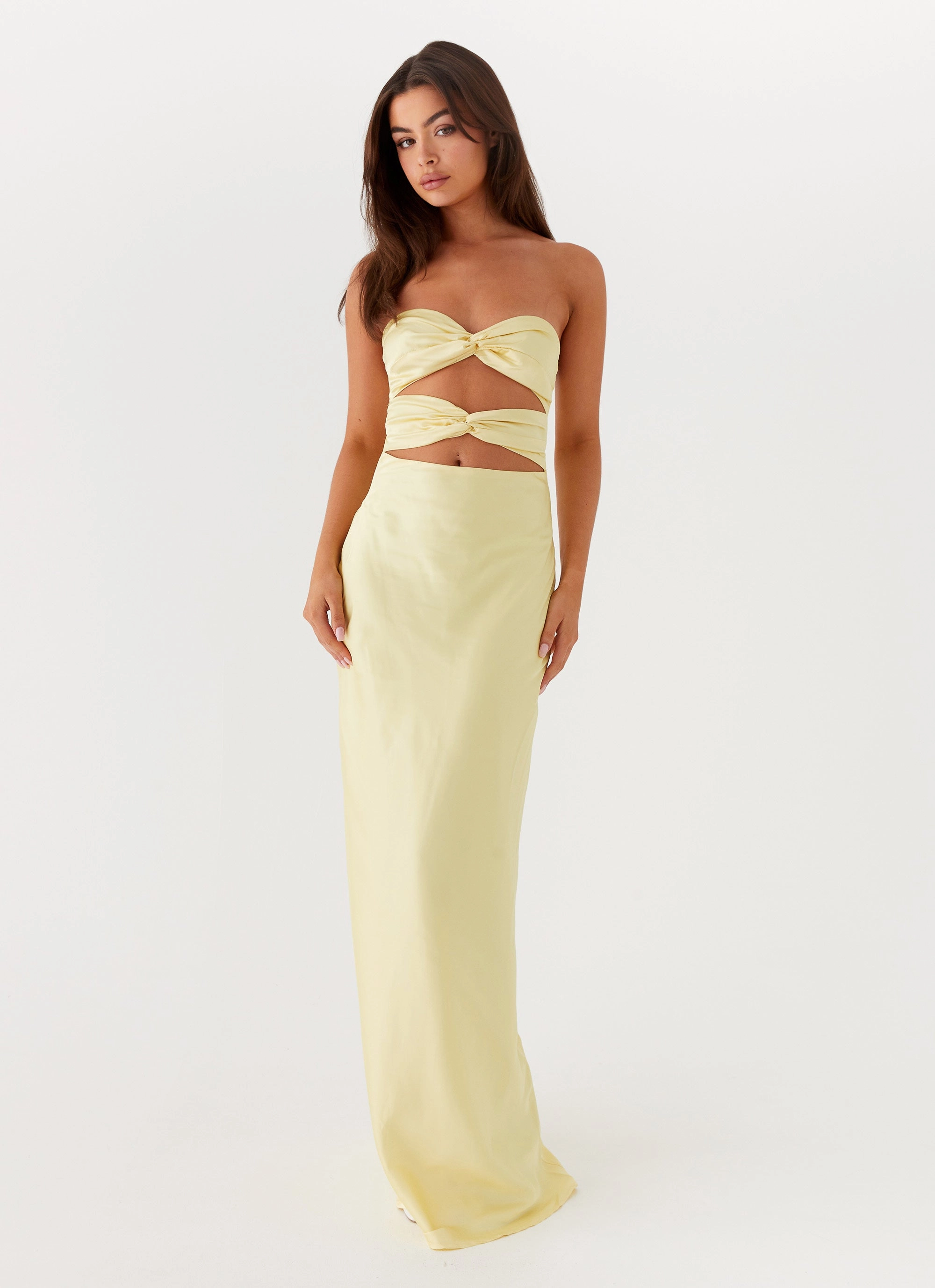 Shiny Zip Dainty Finish Tianna Strapless Maxi Dress - Yellow