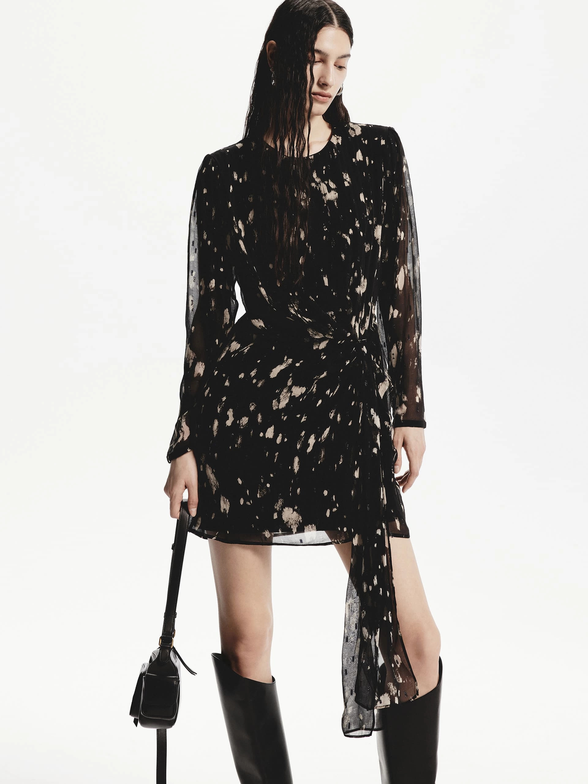 Tie Detail Printed Dress Silky Form