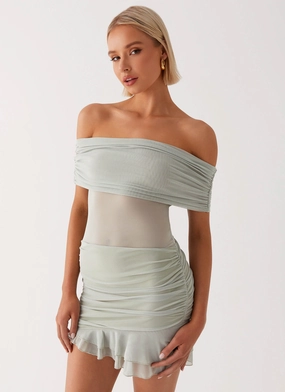 Nelly Off Shoulder Mini Dress - Pistachio Resort Vibes