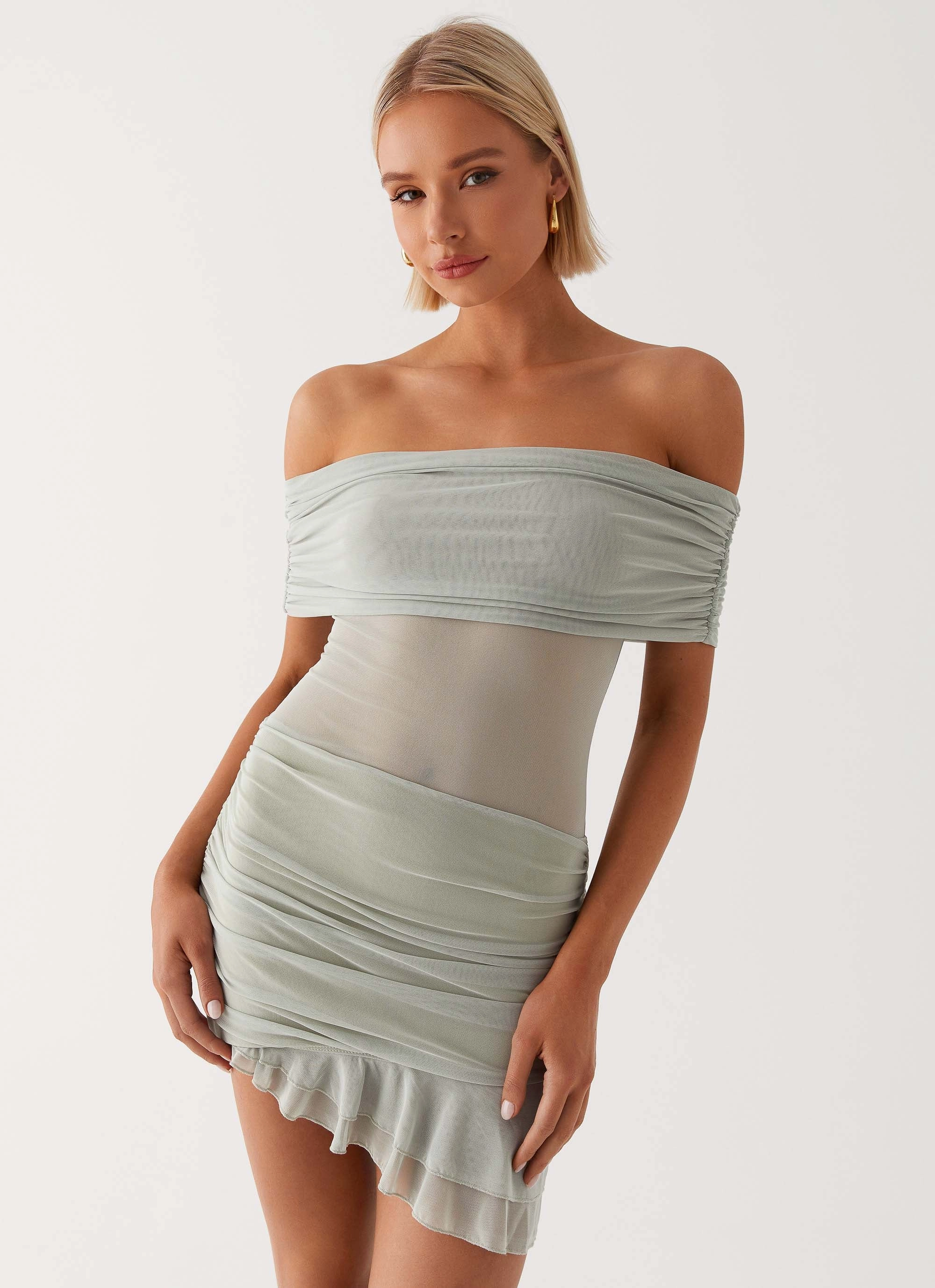 Refined Presence Nelly Off Shoulder Mini Dress - Pistachio